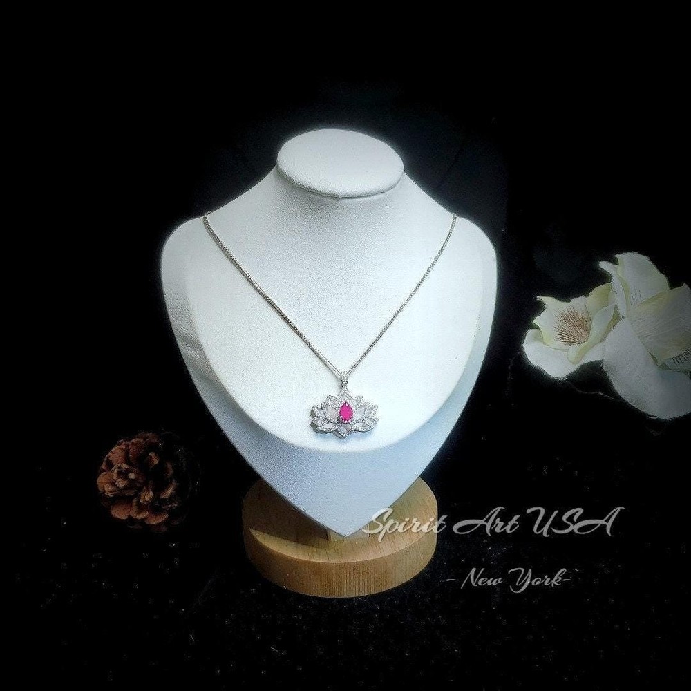 Ruby Necklace - Gemstone Lotus Flower Ruby Pendant - White gold @ Sterling