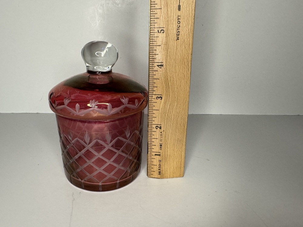Small Cranberry Glass etched lidded jar / Chipped