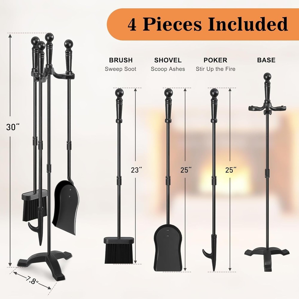 Fireplace Tools Set 4 Pcs 30 Inch Black Wrought Iron Large Fire Tool Set for ...
