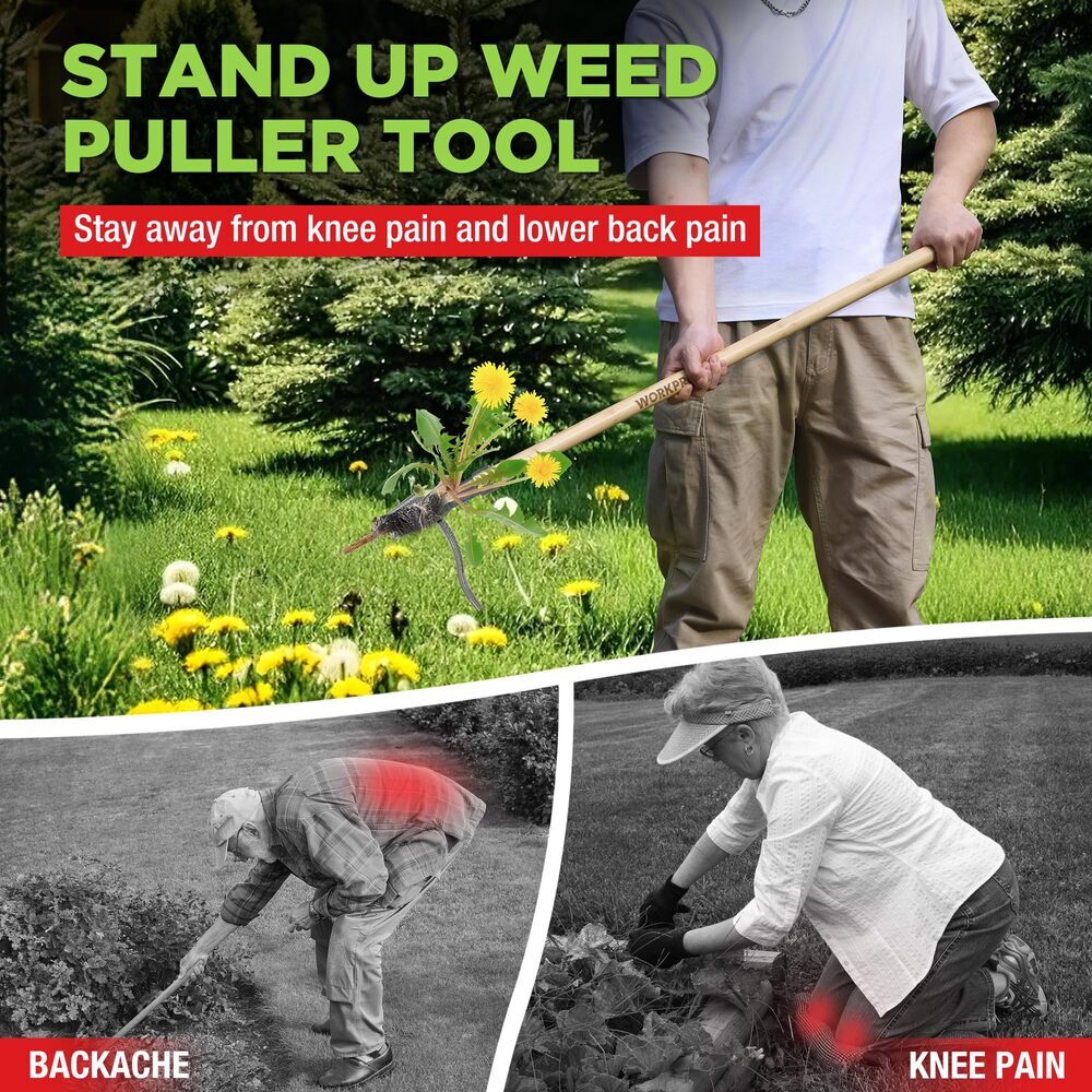 WORKPRO Weed Puller Tool 44" Bamboo Handle Heavy-Duty 4Claw Head Stand-Up Weeder