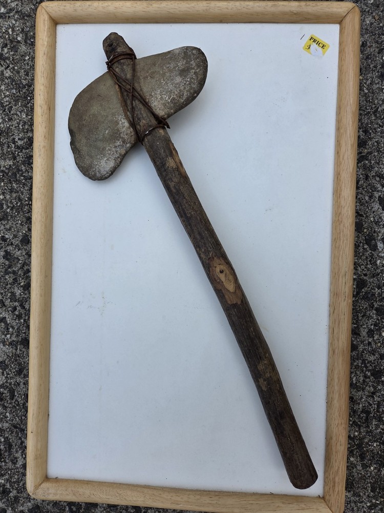 Primitive Stone Axe Hatchet with Wooden Handle and Cord Binding