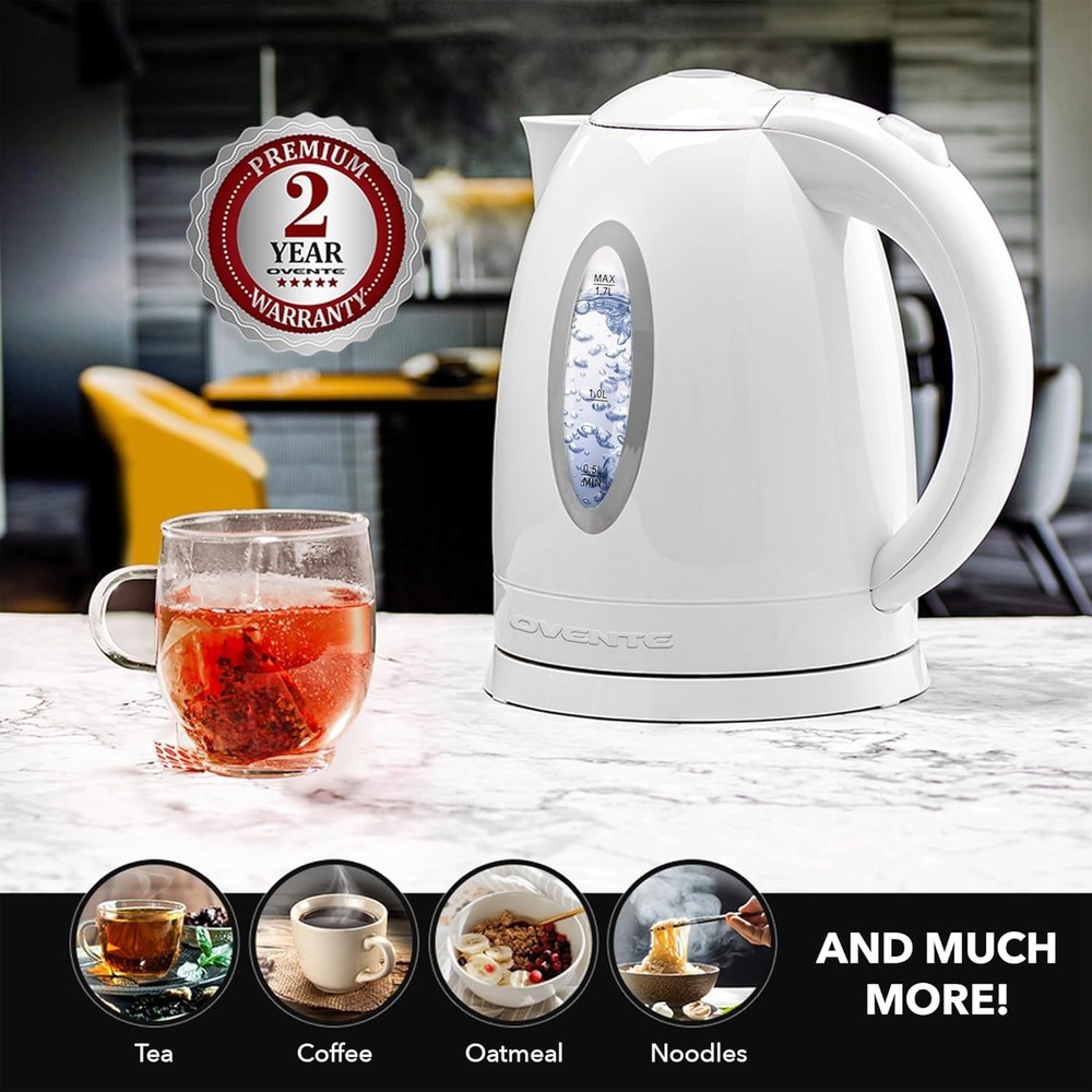Efficient 1.7L White Electric Kettle with Removable Filter & Safety Features