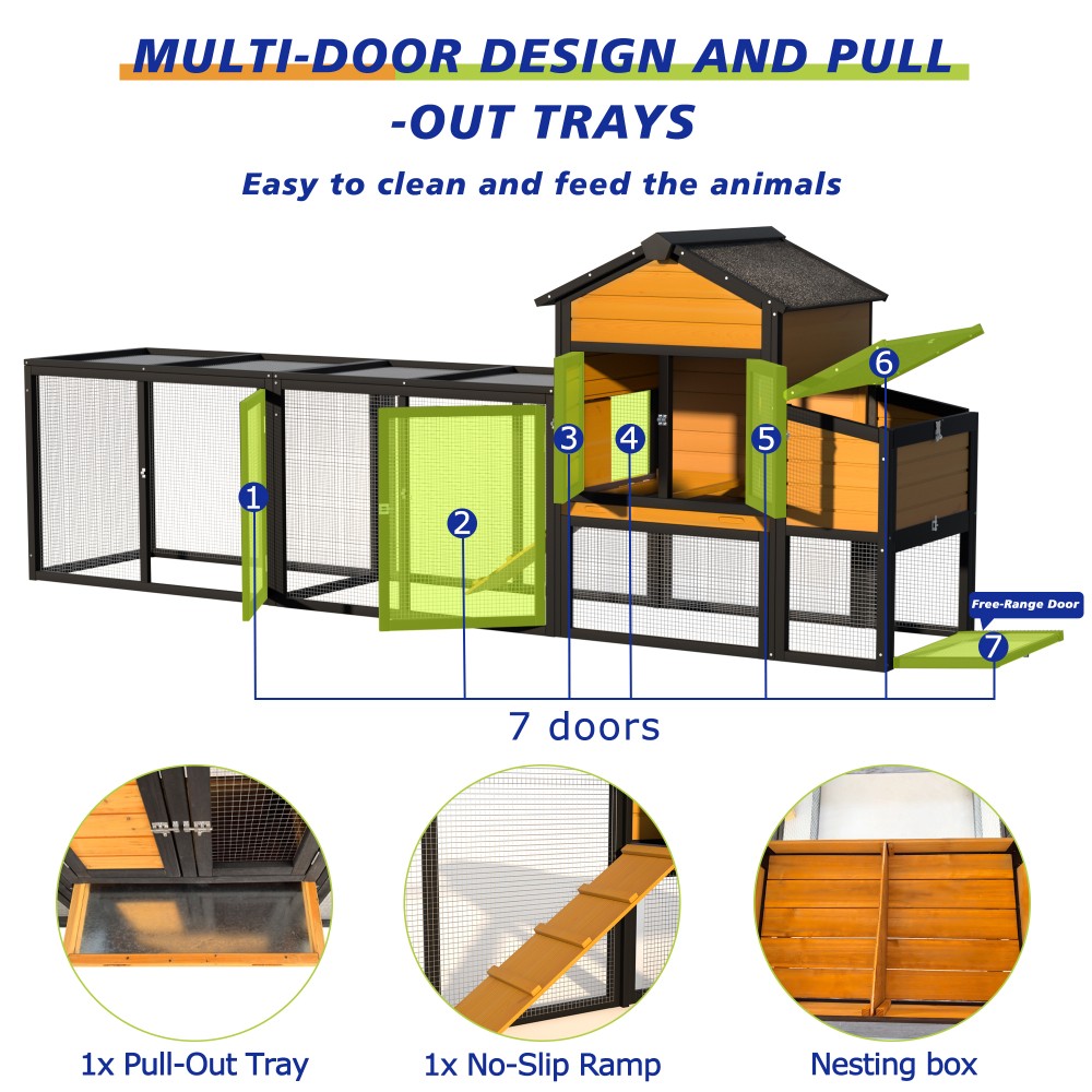 Chicken Coop w/ Run for 2-4 Chickens, 7 Doors, Pull-Out Tray, Nesting Box & Ramp