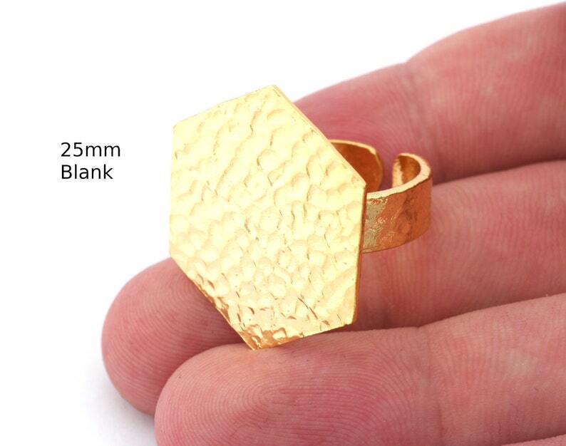 Hexagonal Hammered Adjustable Ring Blank-Shiny Gold Plated Brass 25mm Blank 4952