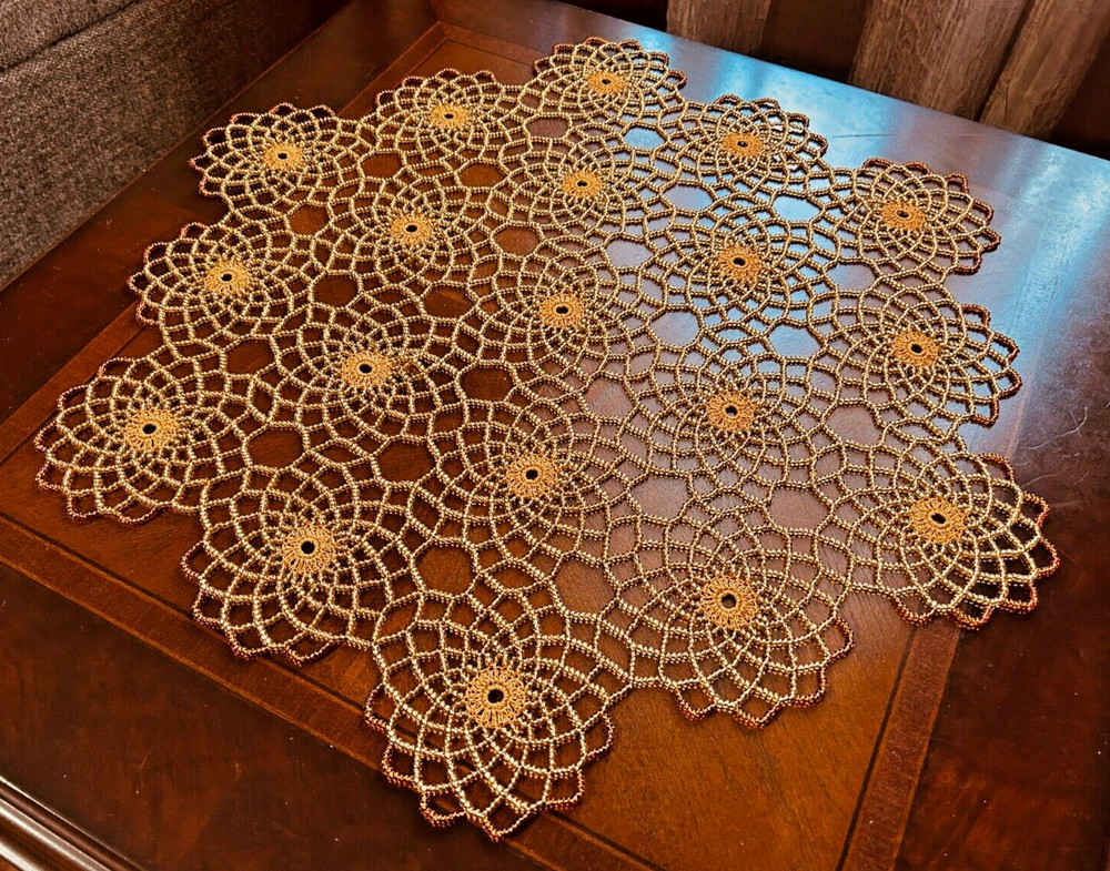 HANDMADE GOLD & COPPER CROCHET BEADED DOILY 20"