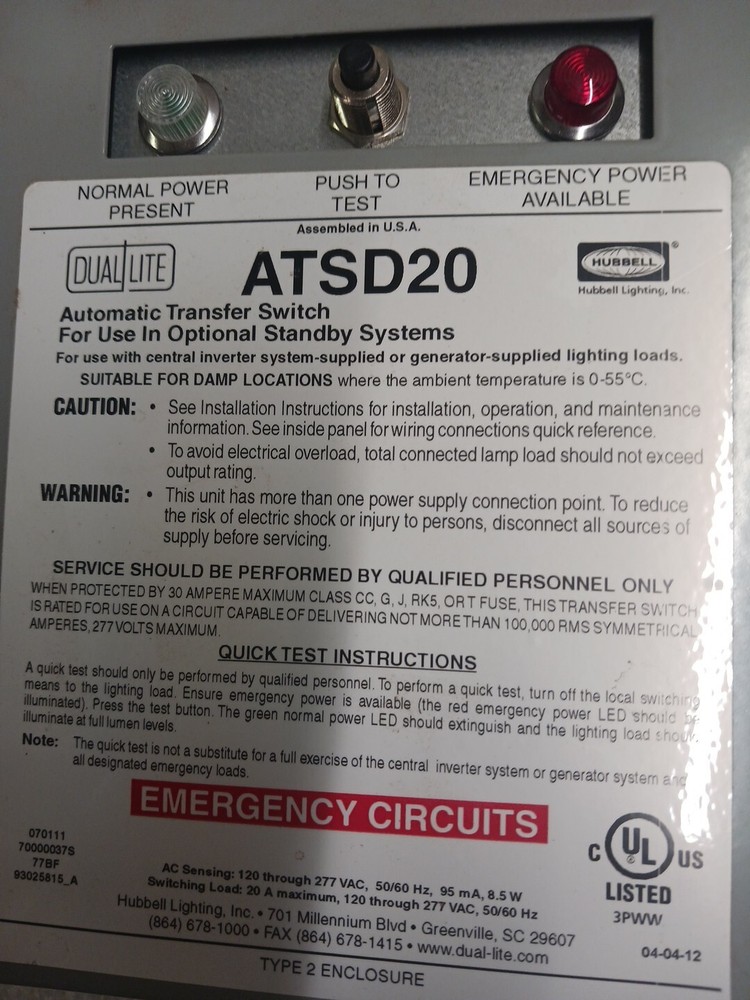 Hubbell Dual Lite Automatic Transfer Switch ATSD20 (1N)