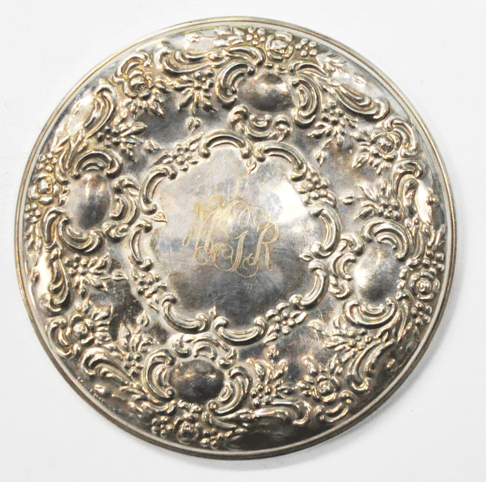 Vintage Silver Plated Compact Mirror Scroll Pattern 3-1/4"