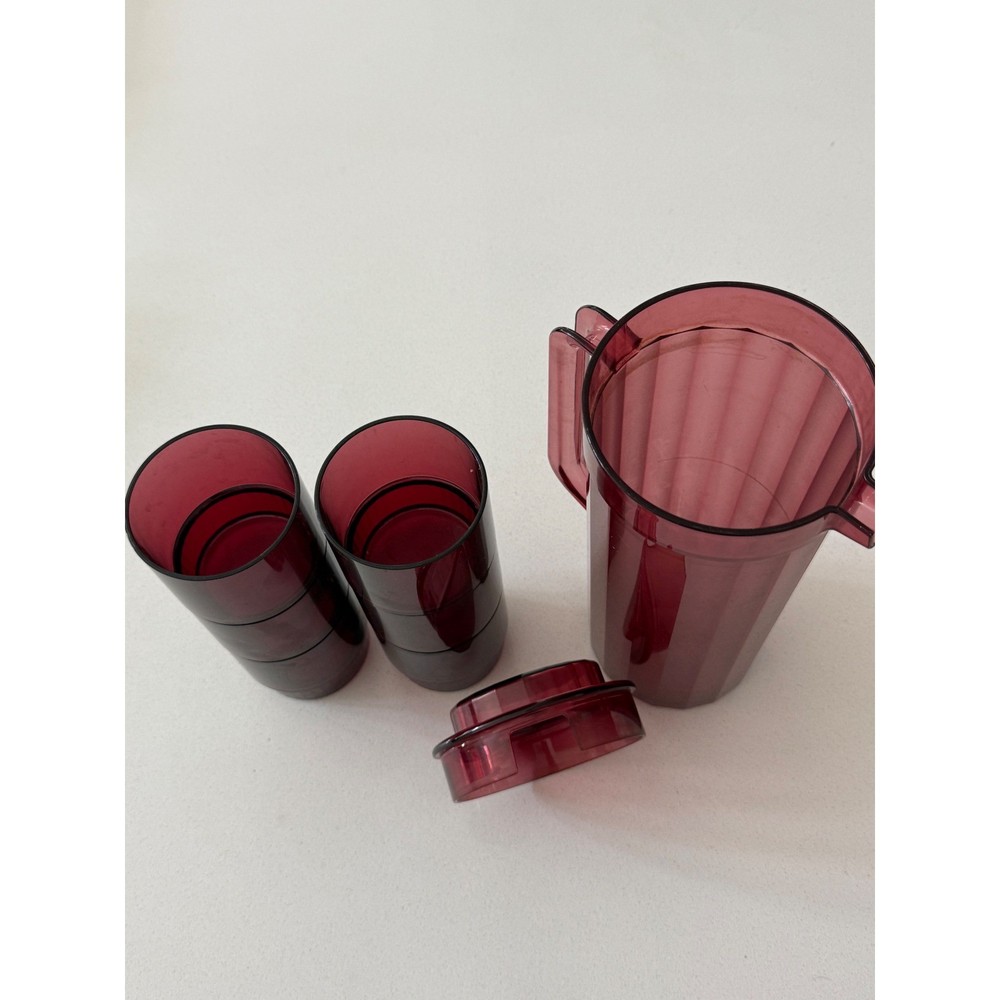 Vtg Tupperware Impressions Ruby Red Pitcher & 6 Stackable 10oz Tumblers Set 7pc