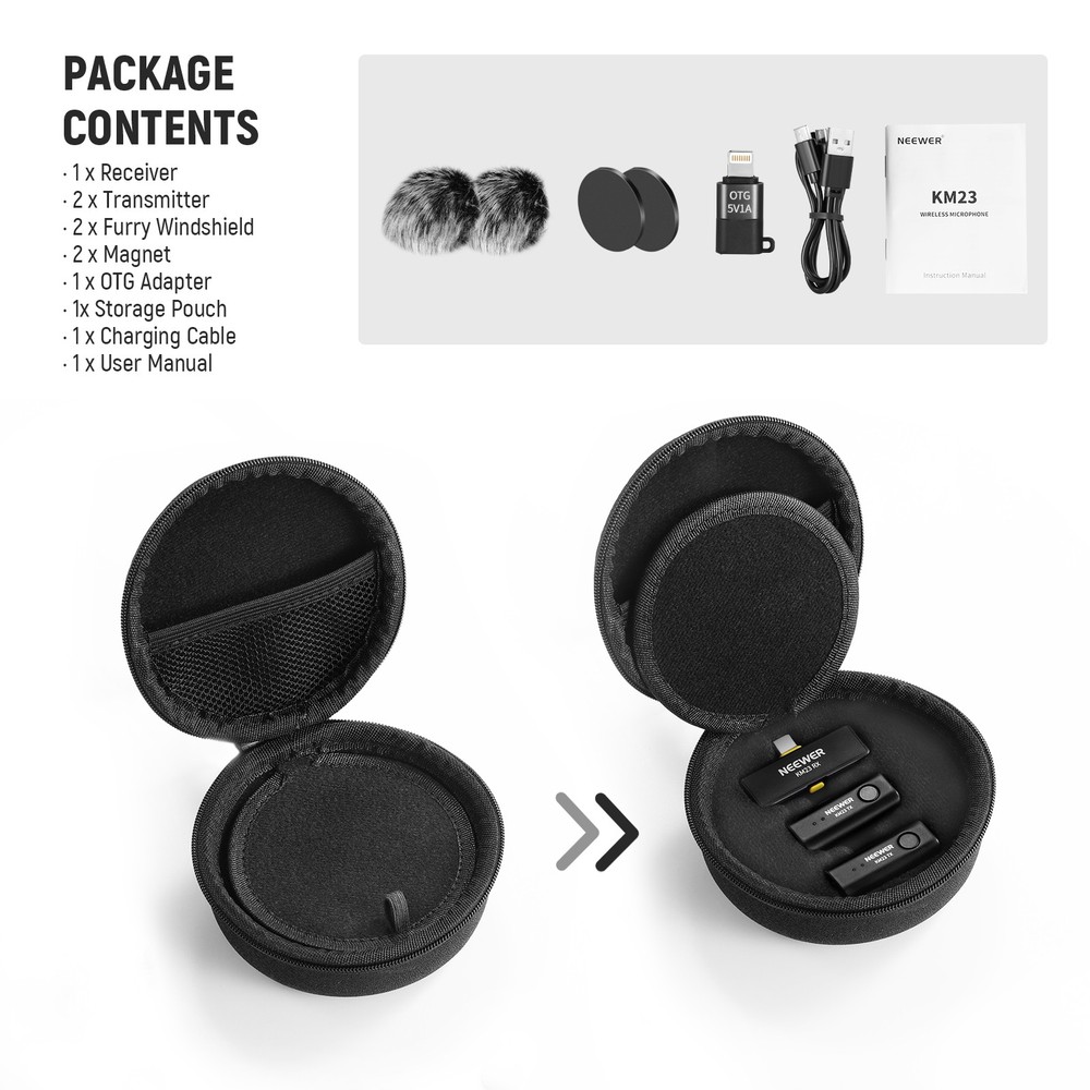 NEEWER KM23D Wireless Lav Mic for iPhone/Android/PC, 40m Range, 1RX+2TX