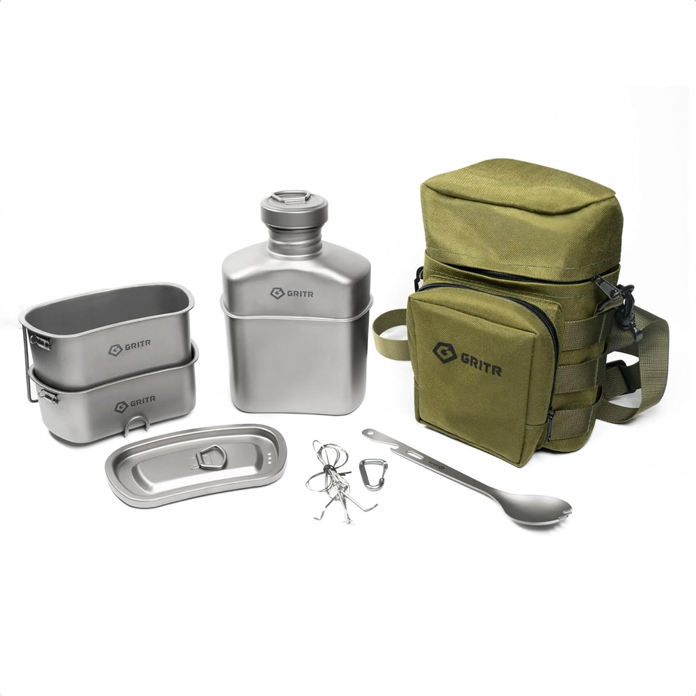 Titanium Canteen Mess Kit | Compact Portable Camping Open Fire Cookware Set for