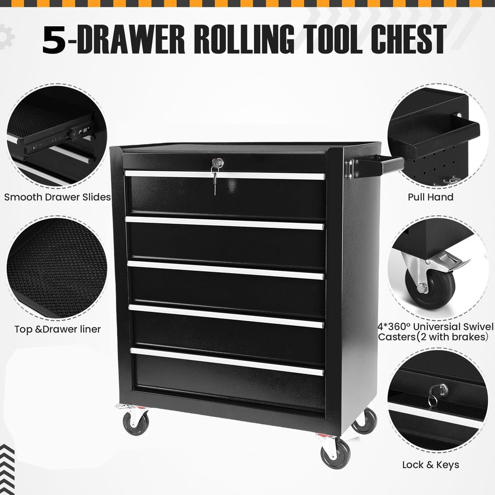 ⭐5 Drawer Rolling Tool Cart - Tool Chest w/Wheels & Lock System for Garage,NEW