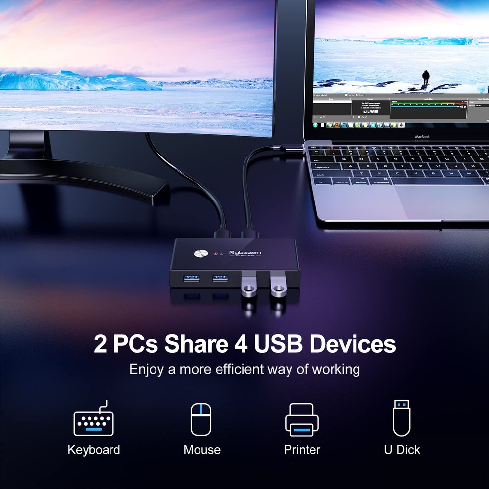 USB 3.0 Switch, USB Switcher 2 Computers Share 4 USB for Keyboard Mouse Print...