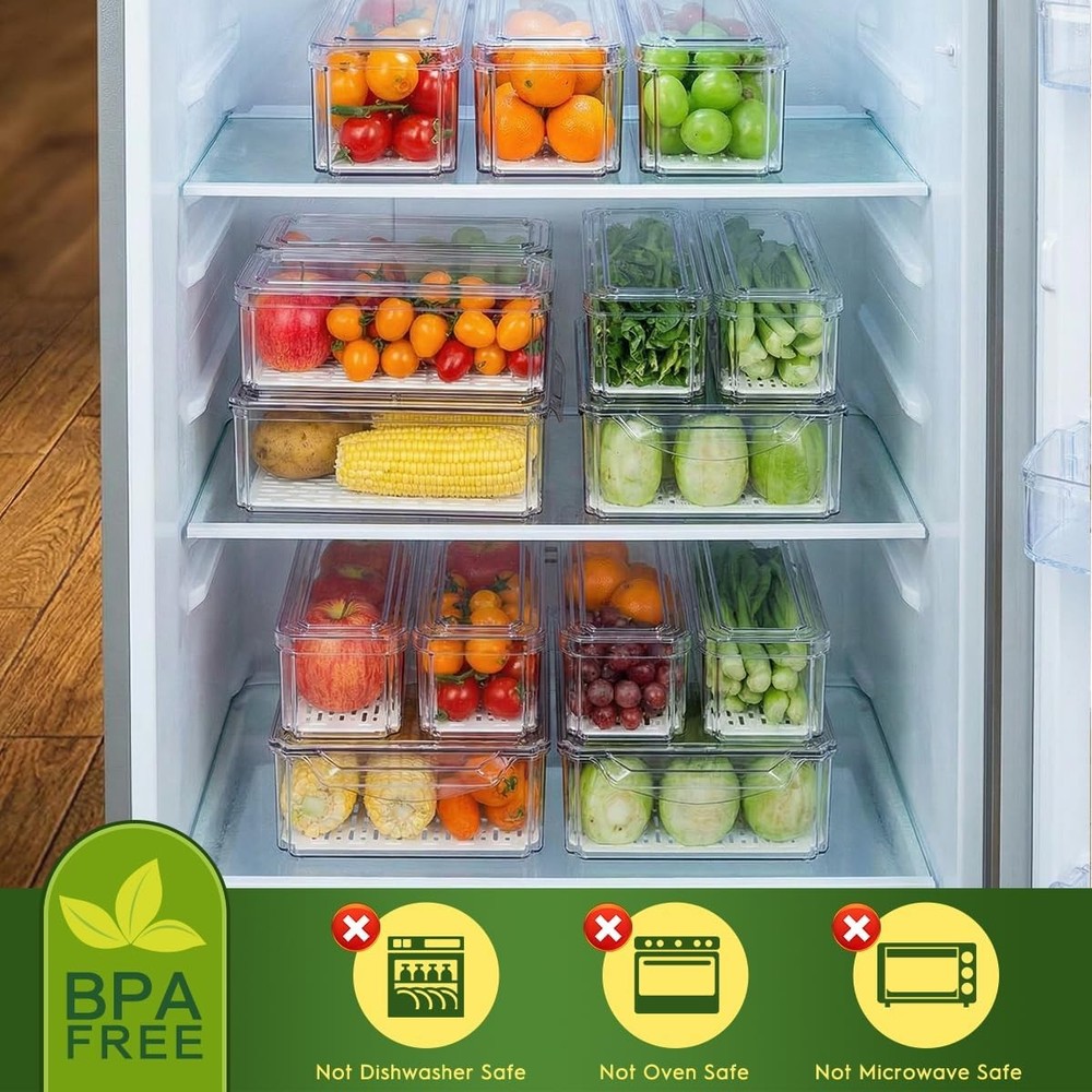 6 Pack Fridge Organizer, Stackable Refrigerator Organizer Bins with Lids, BPA-Fr