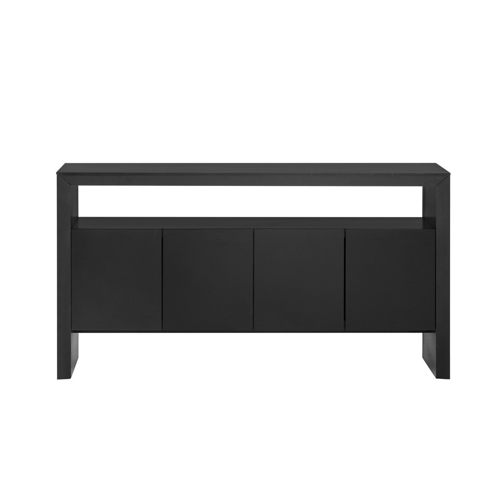 60" Modern Minimalist Solid Wood Veneer Sideboard (4 Doors+Open Shelf, Natural