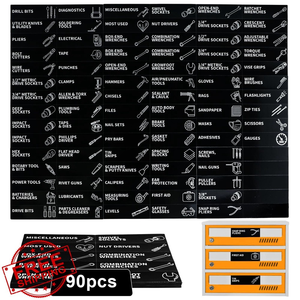 90pc Magnetic Toolbox Labels 3.5x1 Tool Chest Drawer Organizer