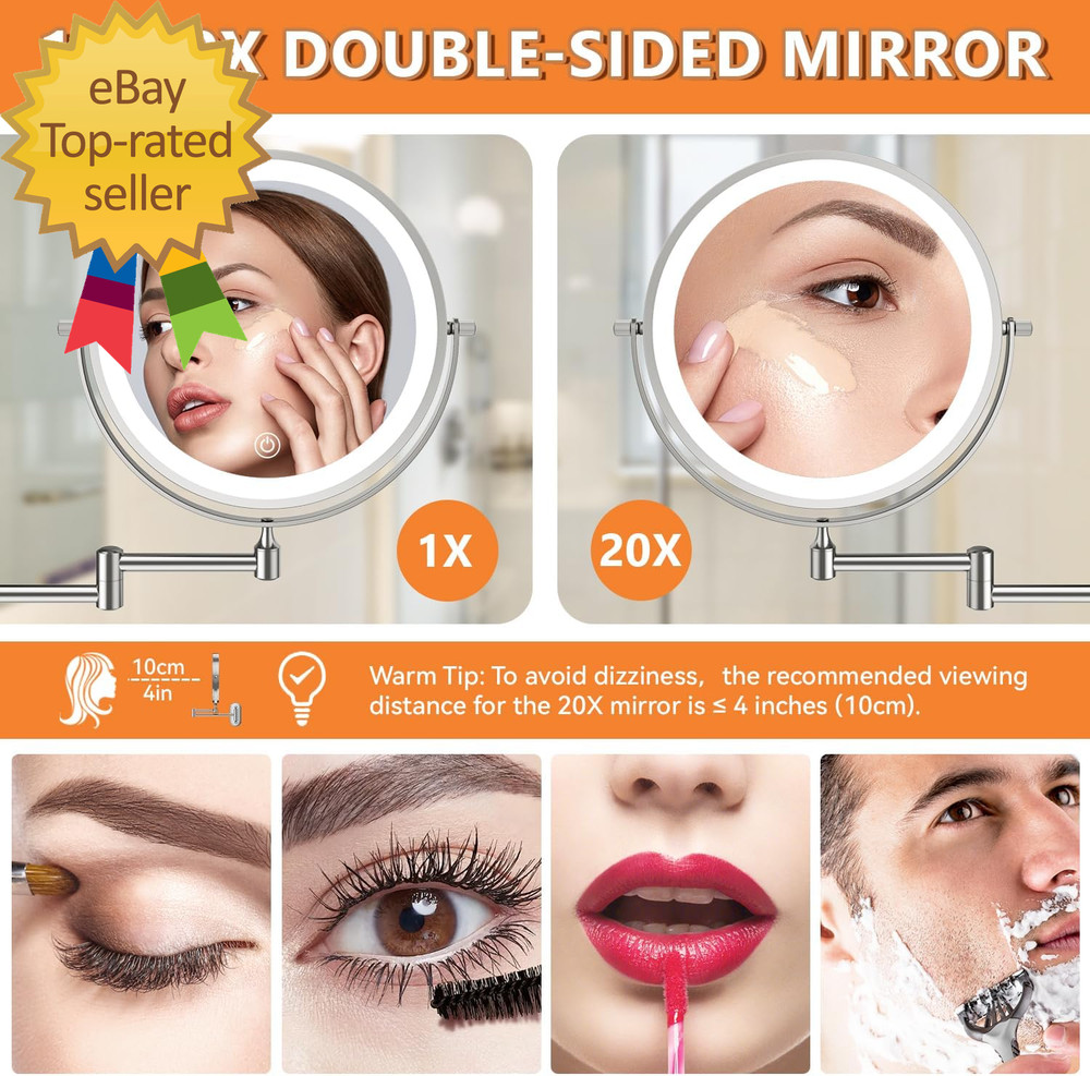 8'' Wall Mounted Lighted Makeup Mirror 3200Mah Rechargeable Double-Sided