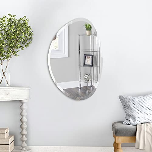 35"x24" Wall Mirror, Stone Frameless Wall Mounted Mirror with Beveled Edge