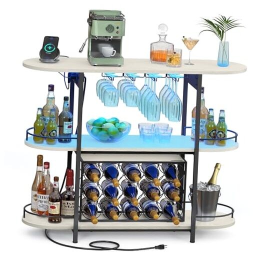 Bar Cabinet with LED Lights and Power Outlets, Rustic White Rustic
