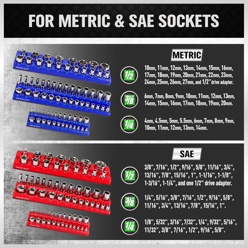 Magnetic Socket Organizer Set 6pcs, Holds 143 Sockets, Assorted Sizes, Heavy ...