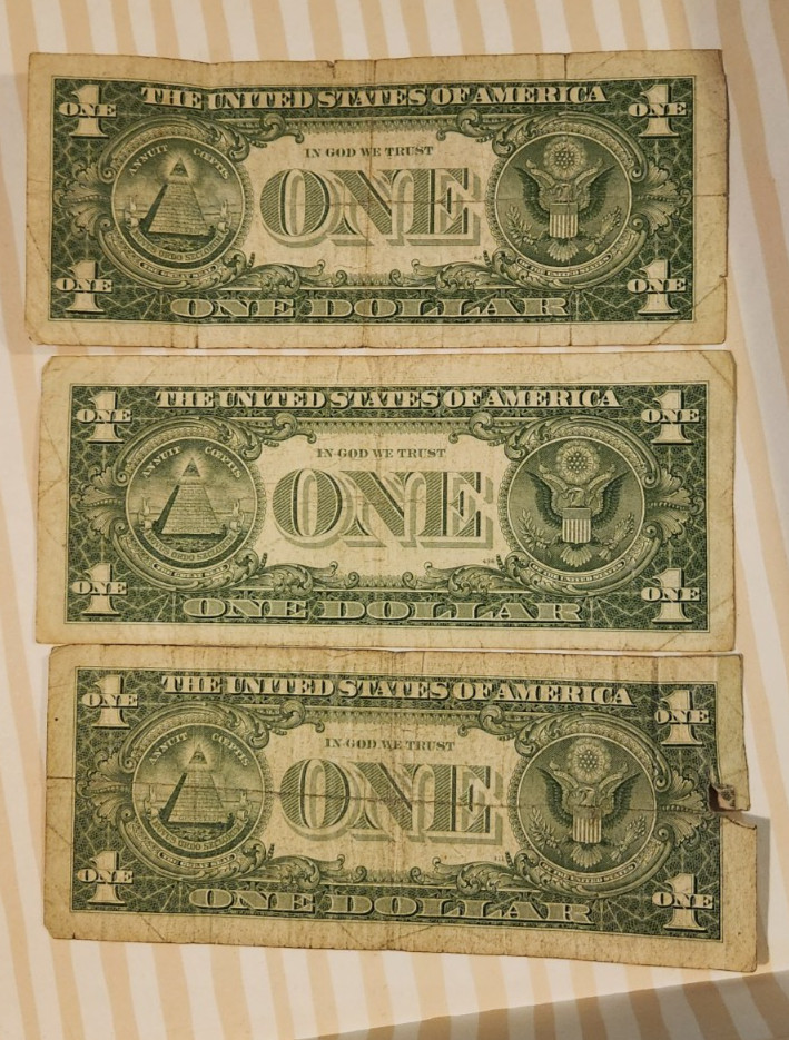 3 Total: $1 Dollar Silver Certificate Notes -Blue Seal 1957