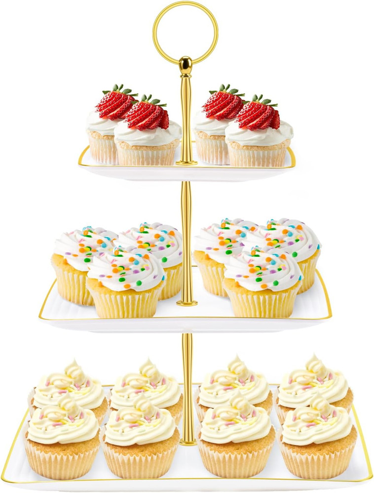 3 Tier Cupcake Stand Tower, White Plastic Cup Cake Holder for Dessert Table, Tie