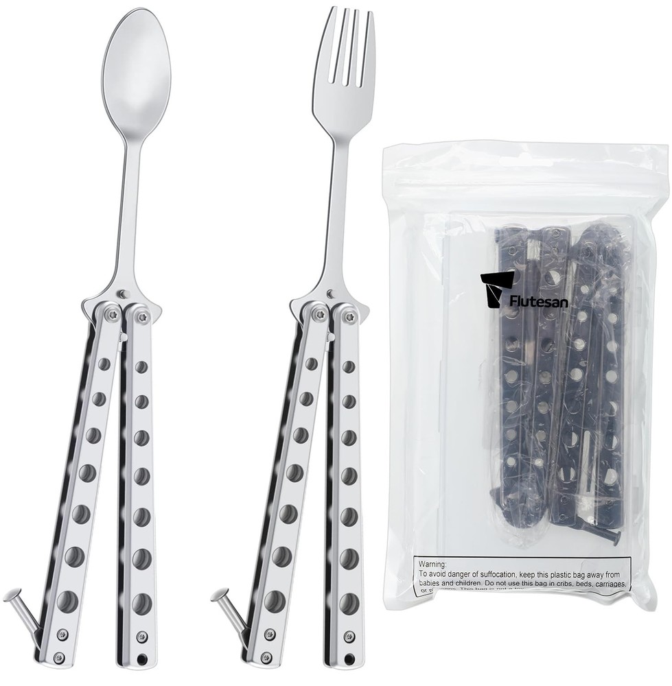 2 Pcs Butterfly Fork and Spoon Set, Tactical Folding Black
