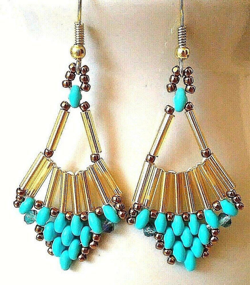 Handmade Gold Aqua Fan Beaded Earrings