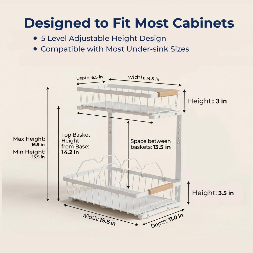 Clutterix Under Sink Organizer, 2 Pack, 2 Tier Sliding Standard Size, White