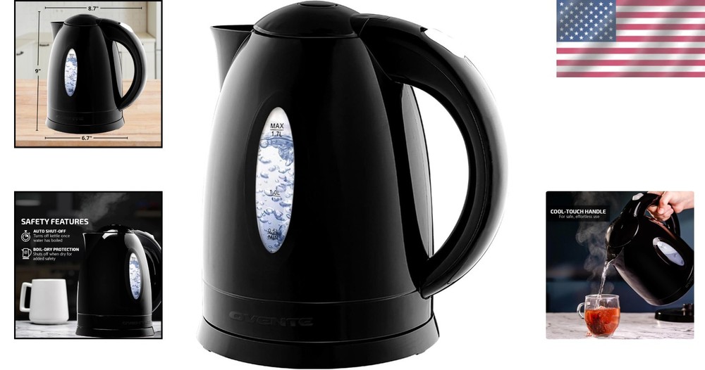 Efficient 1.7L Electric Kettle - 1100W Fast Heating with Removable Filter, Black