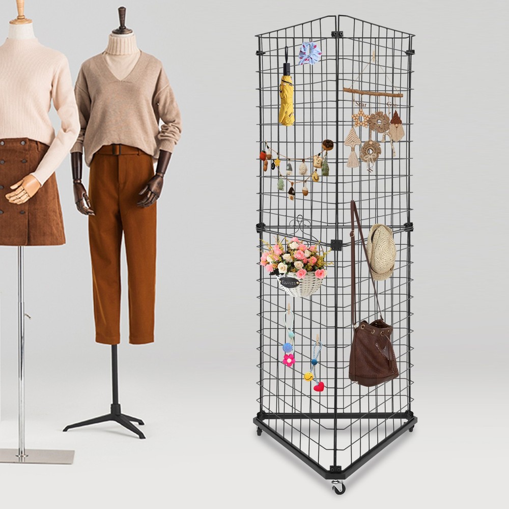 Triangle Display Stand Wire Grid Panel Tower Wall Corner Shelf Rack with Casters