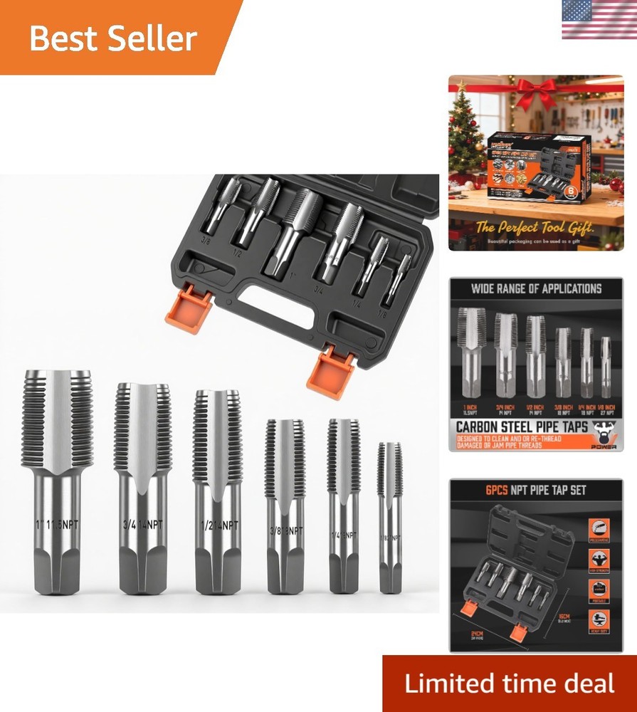 6-Piece NPT Pipe Tap Set - Carbon Steel Threading Tools with Storage Case