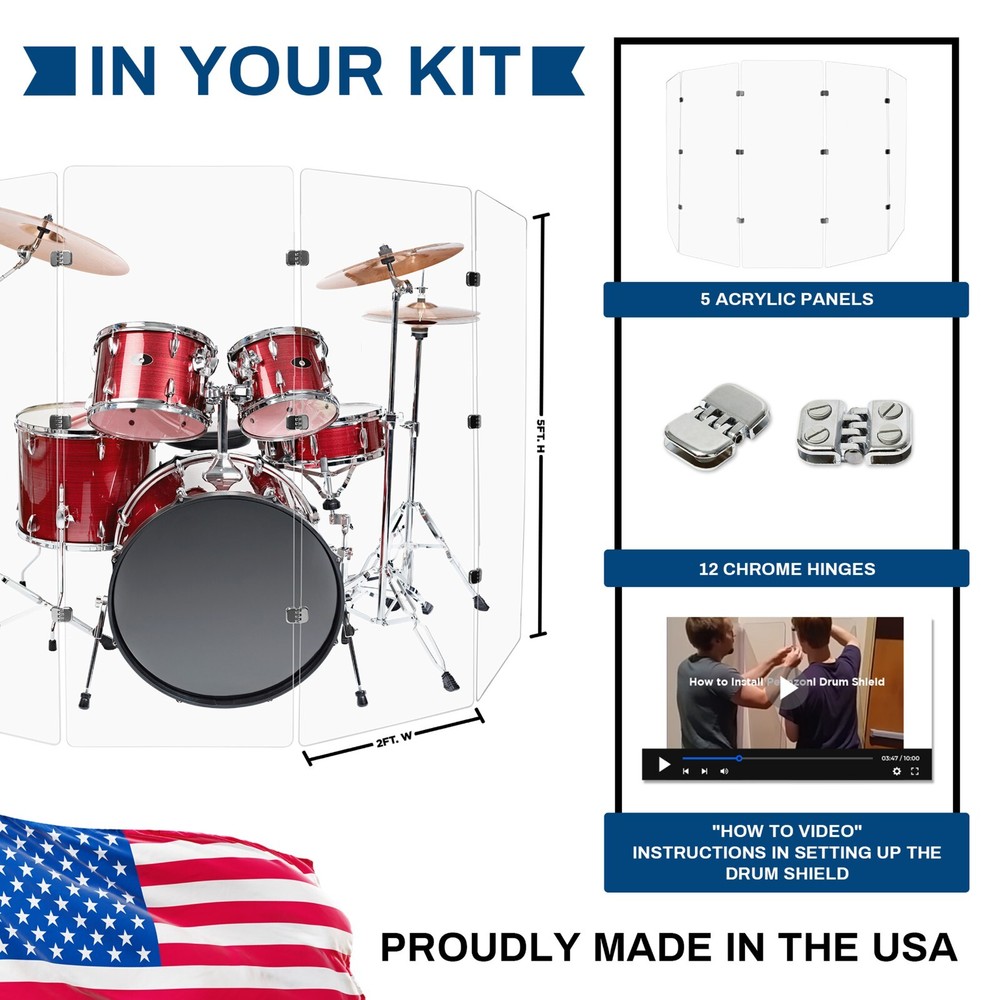 DS4 Professional Drum Shield - Five Clear Acrylic Panels with Chrome Hinges