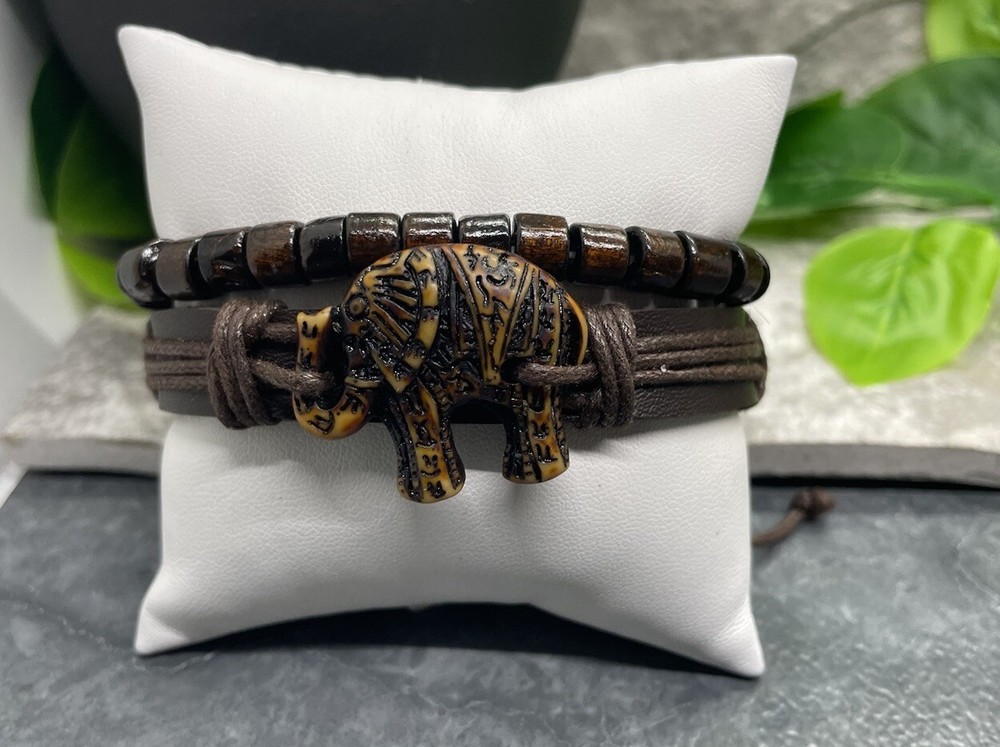 2 PC Leather Bracelet Wood Bead Stackable Adjustable Tie Free Ship B2900