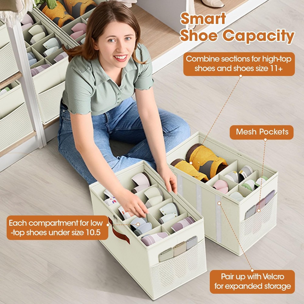 Shoe Organizer for Closet, 2-Pack Foldable Shoe Storage with Adjustable Divid...