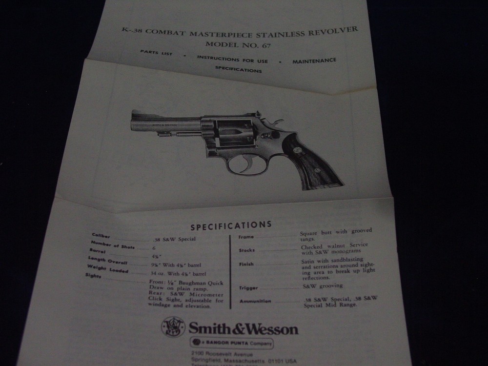 Smith & Wesson Original  Instructions Model 67 K-38 Combat Masterpiece