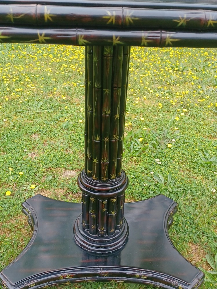 Maitland Smith Side Table Ebonized Faux Bamboo Leather Top Hand Painted Table