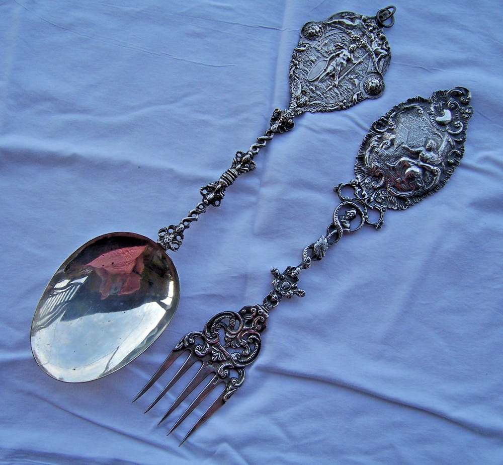 ENORMOUS HALLMARKED ORNATE DUTCH SOLID SILVER SERVING FORK & SPOON SET 396 grams