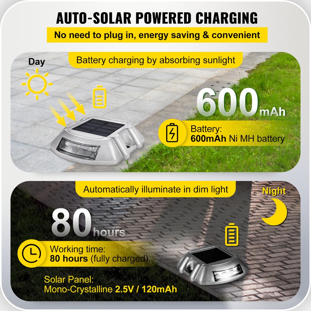 VEVOR 16pcs Solar Driveway Lights 6 LED White Light for Path Step Dock Deck IP68