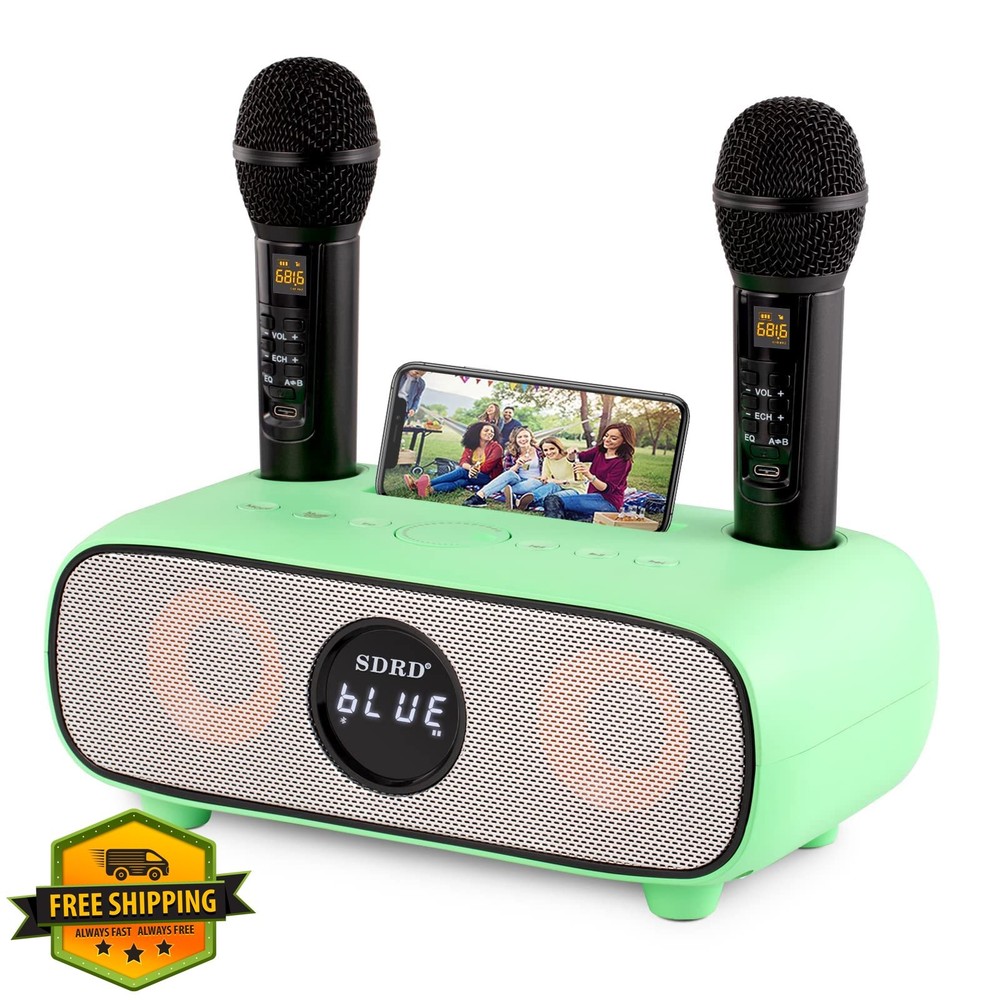 Karaoke Machine Green Bluetooth PA Speaker 2 Mics Mobile Holder