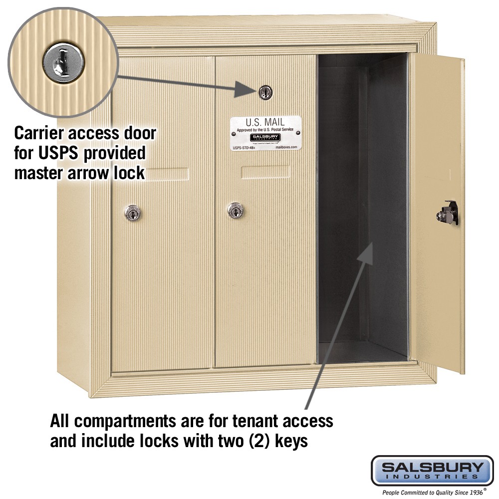 Salsbury 3503SSU ,Vertical Mailbox 3 Doors Sandstone Surface Mounted USPS Access