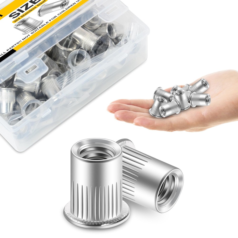 100Pcs 1/4-20 Rivet Nuts Hardware Nuts, 304 Stainless Steel Flat Head RIV Nut...