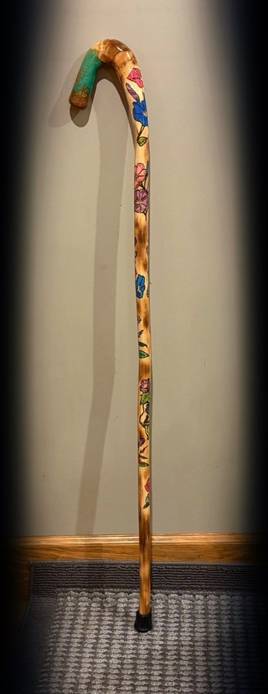 41” Walking CANE With Morning Glory Pyrography Handmade & Finished 🇺🇸