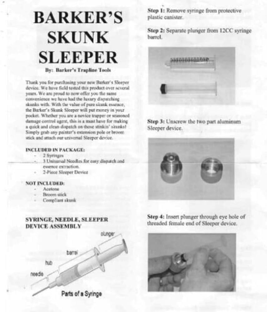 Barker's Skunk Sleeper Dispatch ADC Syringe Trapping Supplies