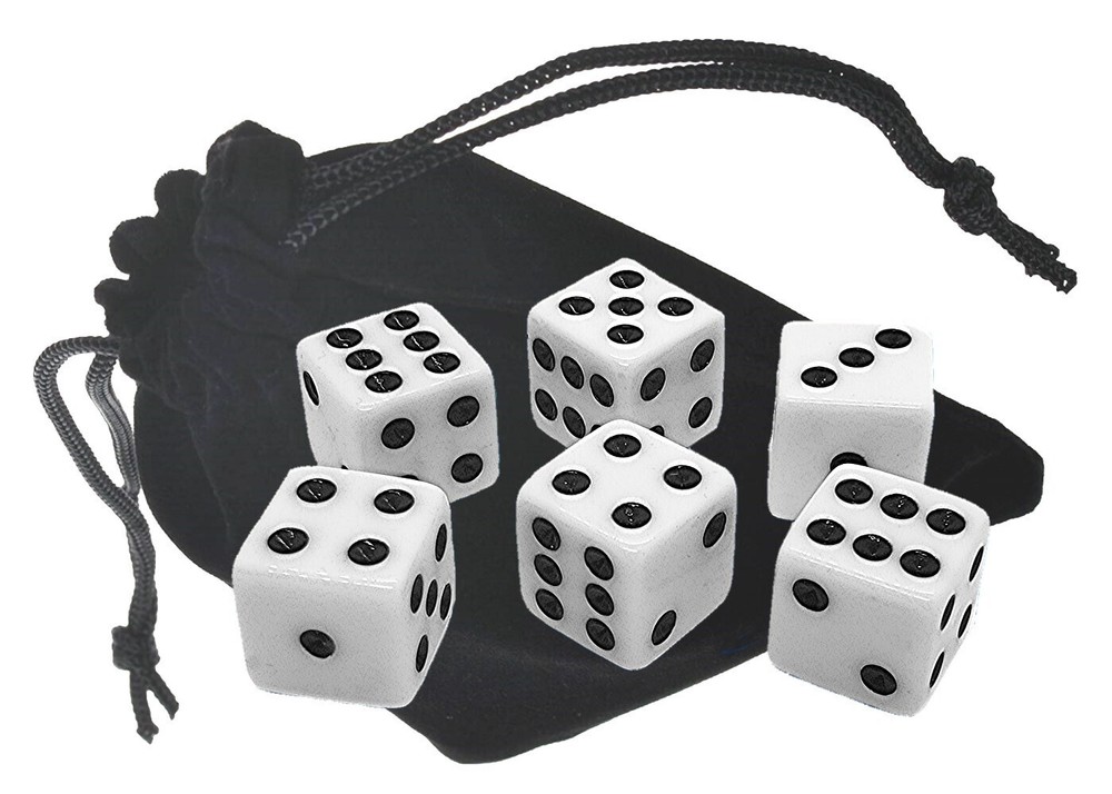 Lot (6) 16mm White Dice Black Pips Squared Corners + Storage Pouch