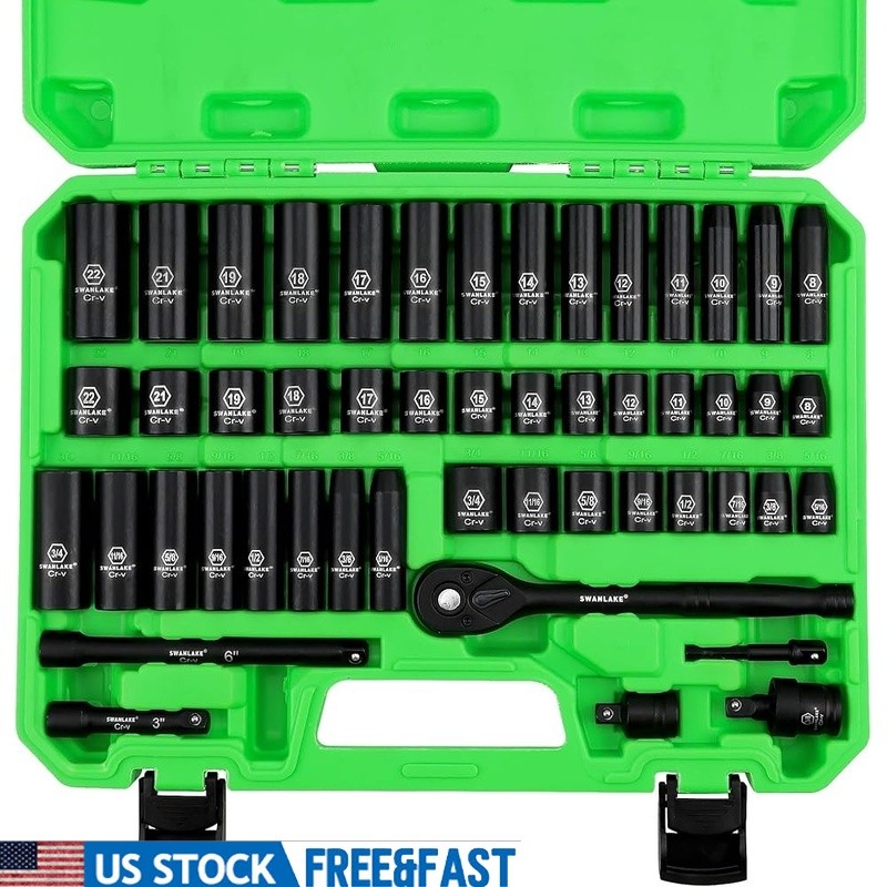 50PC Impact Socket Set 6-Point Chrome Vanadium Automotive Tools Durable Storage