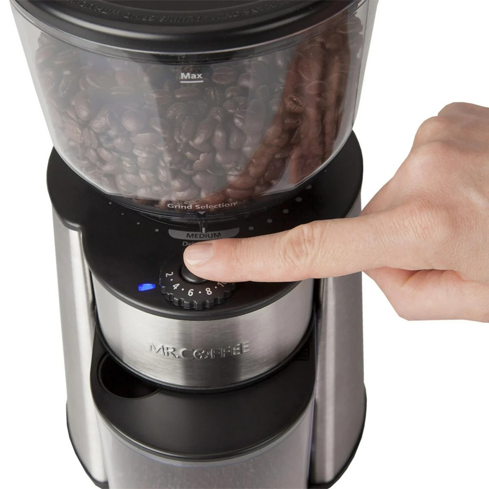 Mr. Coffee Automatic Burr Mill Coffee Grinder with 18 Custom Grinders Silver