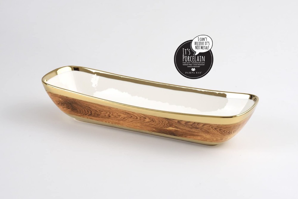 Pampa Bay Wood Look Titanium-Plated Porcelain Deep Rectangular Server, 14 x 4.5
