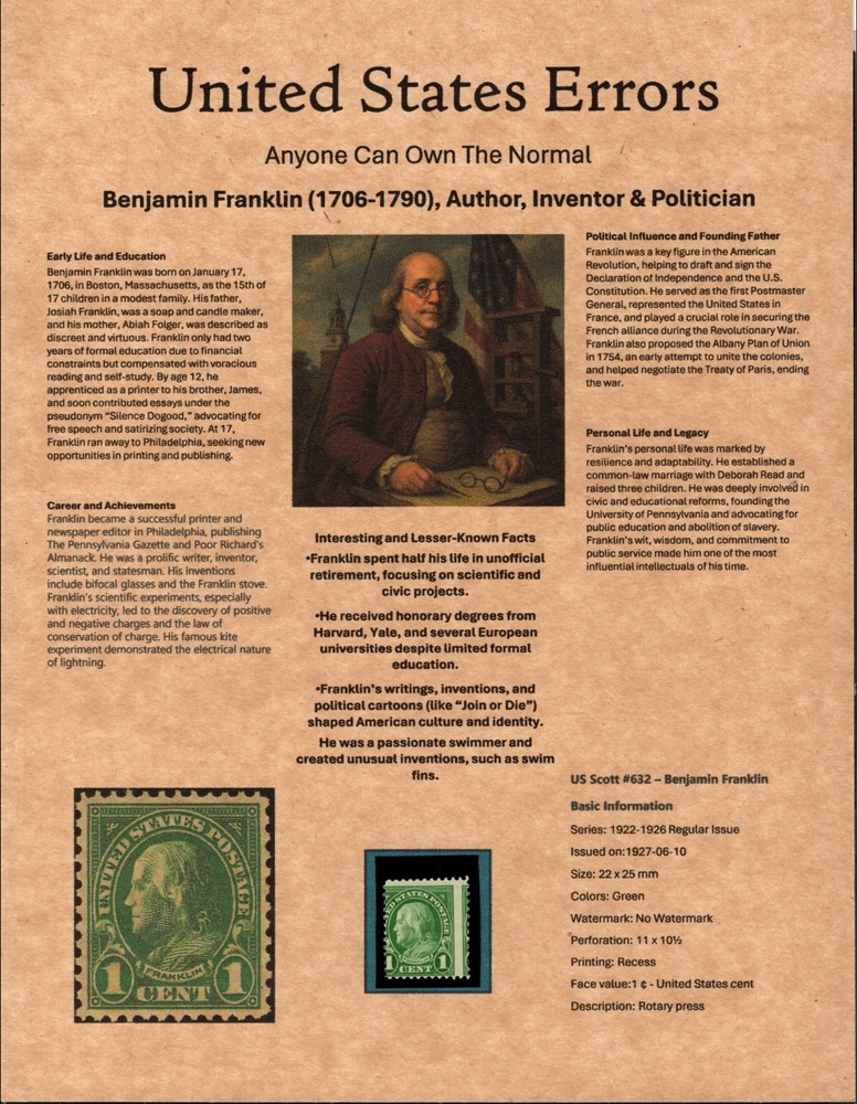 Perfectly Flawed SN 632 MNH - Misperf on Custom Presentation Panel 8.5” X 11”