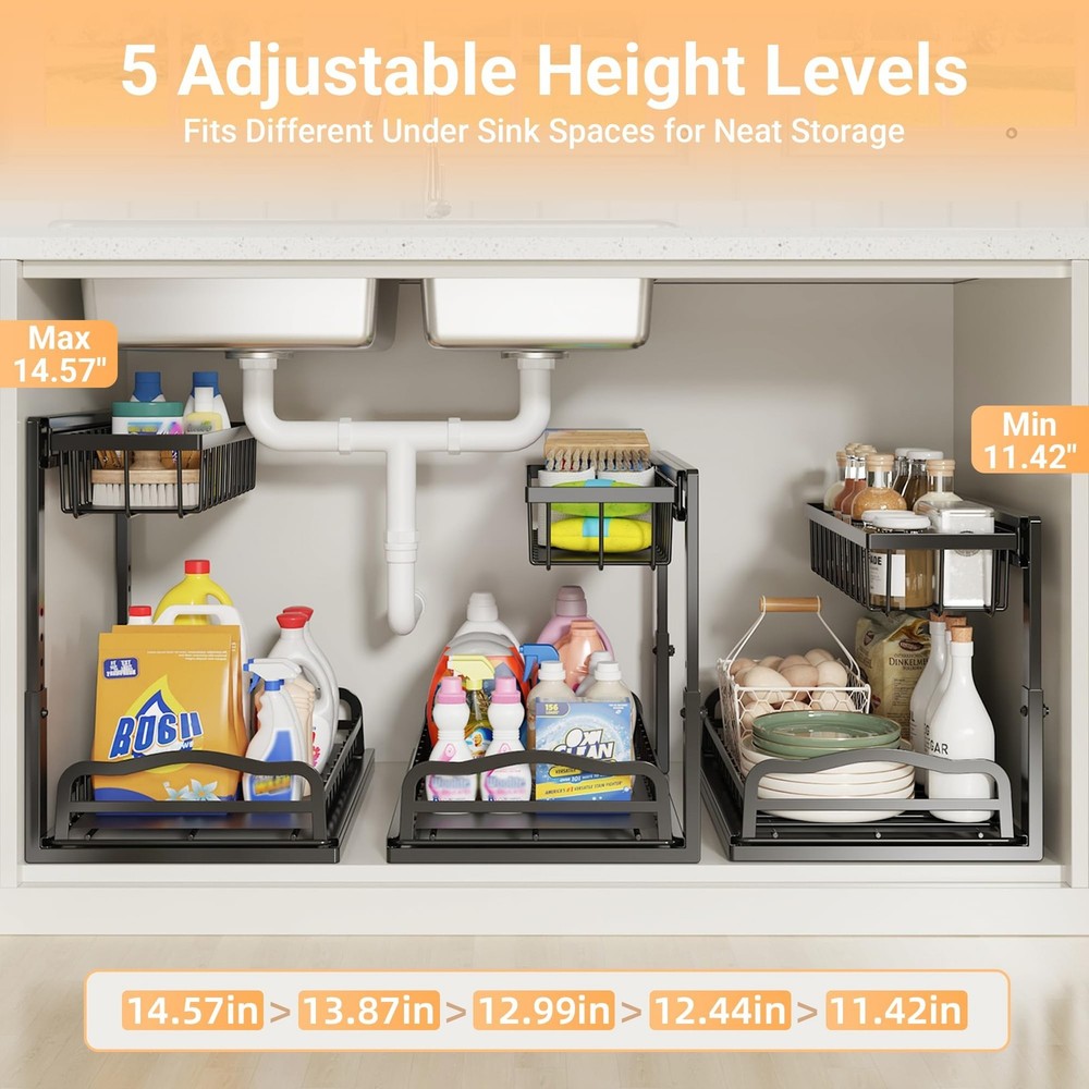 AceMining Under Sink Organizer 2 Pack, L-Shaped 2 Tier Pull Out Cabinet Organ...