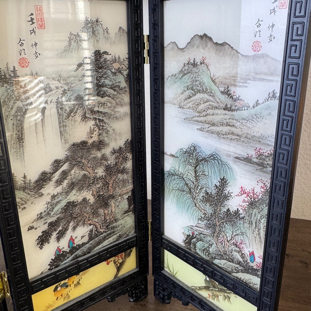 Chinese Mini Folding Screen PINGFENG 4 Panels Plastic - Both sides are different